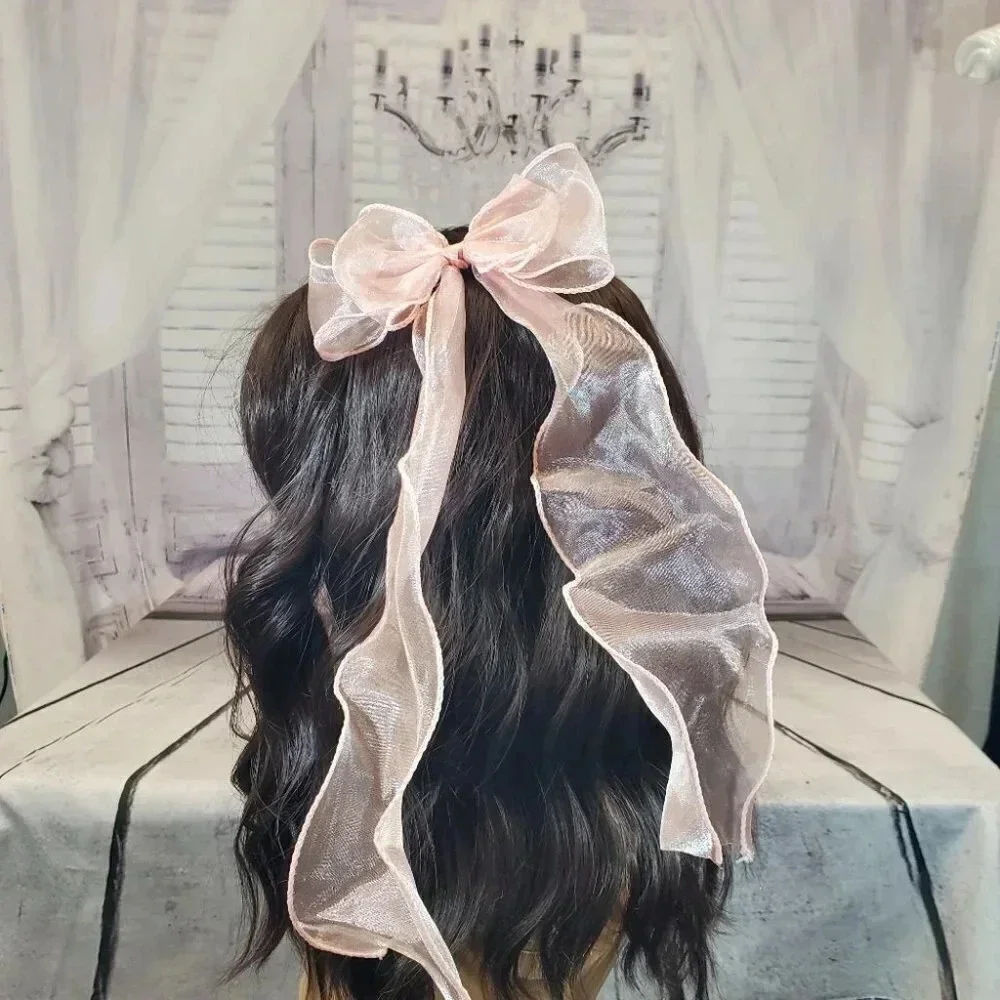 Peachy Pink -  Clip In Hair Bows with Long Braidable trails Girls Hair